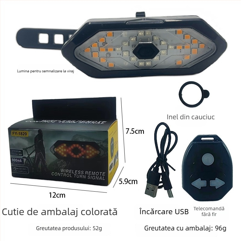 Lumină pentru bicicletă cu telecomandă și semnale stânga/dreapta, LED spate cu încărcare USB, impermeabilă, cu sonerie