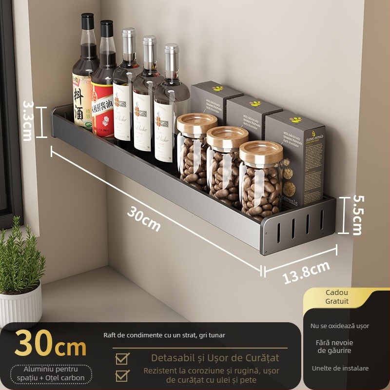 Raft de condimente pentru bucătărie, montat pe perete, fără găuri, demontabil, din aliaj de aluminiu + oțel carbon