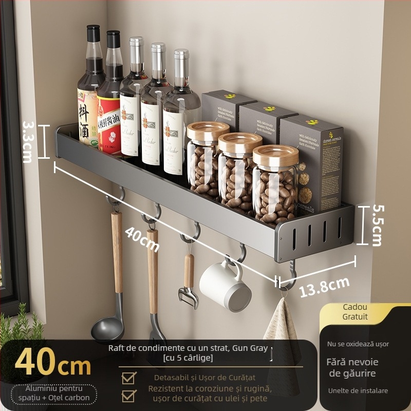 Raft de condimente pentru bucătărie, montat pe perete, fără găuri, demontabil, din aliaj de aluminiu + oțel carbon