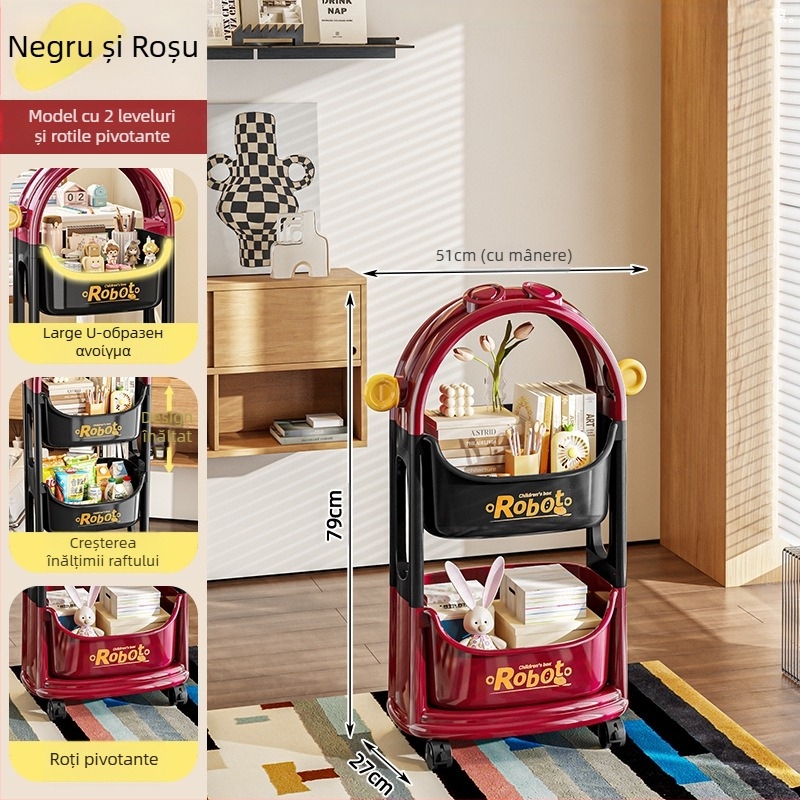 Etajeră de depozitare din PP, trei etaje, cu roți, pentru living și birou; asamblare necesară