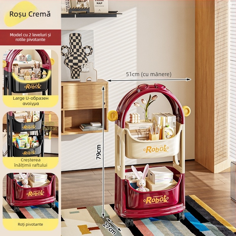 Etajeră de depozitare din PP, trei etaje, cu roți, pentru living și birou; asamblare necesară