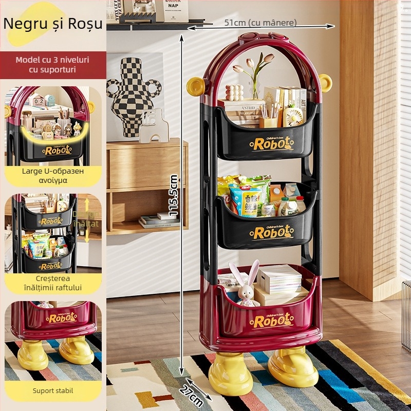 Etajeră de depozitare din PP, trei etaje, cu roți, pentru living și birou; asamblare necesară