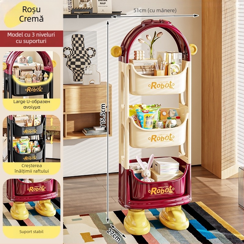 Etajeră de depozitare din PP, trei etaje, cu roți, pentru living și birou; asamblare necesară