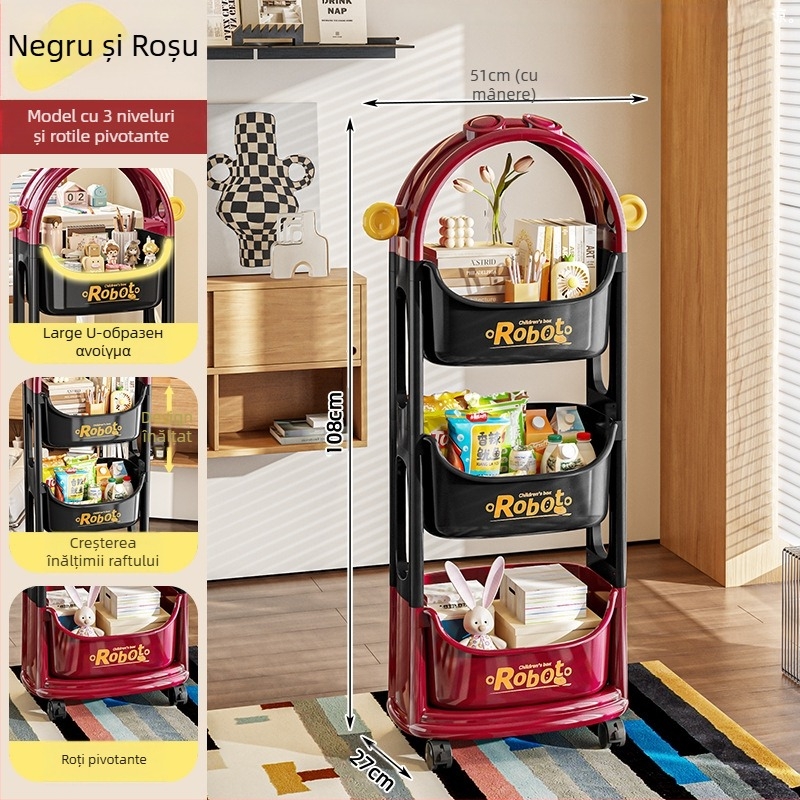 Etajeră de depozitare din PP, trei etaje, cu roți, pentru living și birou; asamblare necesară