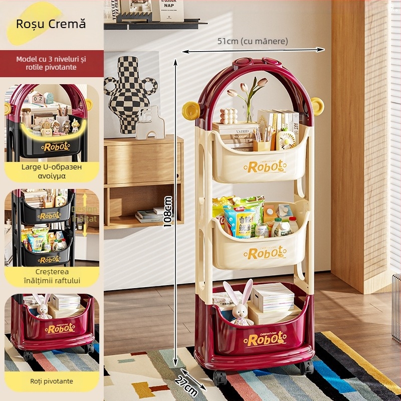 Etajeră de depozitare din PP, trei etaje, cu roți, pentru living și birou; asamblare necesară