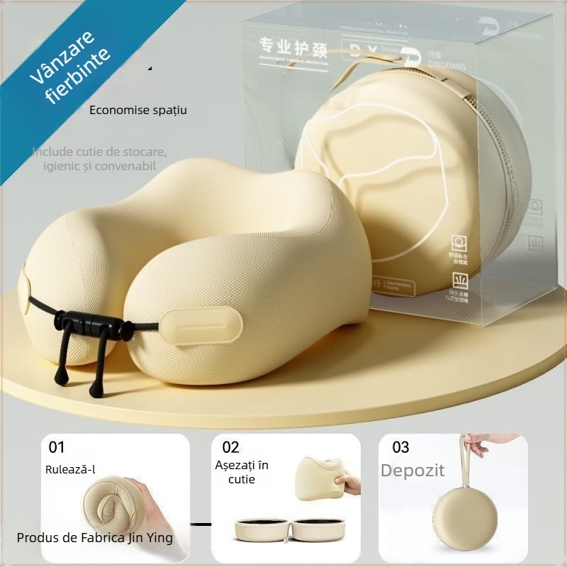 Pernă de călătorie în formă U pentru gât, cu spumă memory, țesătură anti-pene, potrivire universală, design minimalist modern