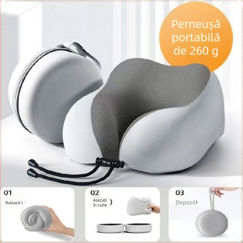 Pernă de călătorie în formă U pentru gât, cu spumă memory, țesătură anti-pene, potrivire universală, design minimalist modern