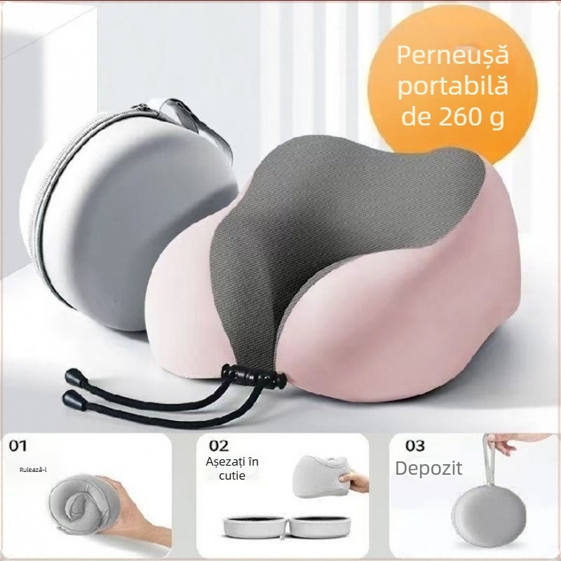 Pernă de călătorie în formă U pentru gât, cu spumă memory, țesătură anti-pene, potrivire universală, design minimalist modern