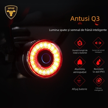 ANTUSI Q3 Lumină de spate inteligentă pentru biciclete de drum – reîncărcabilă, avertizare la frânare