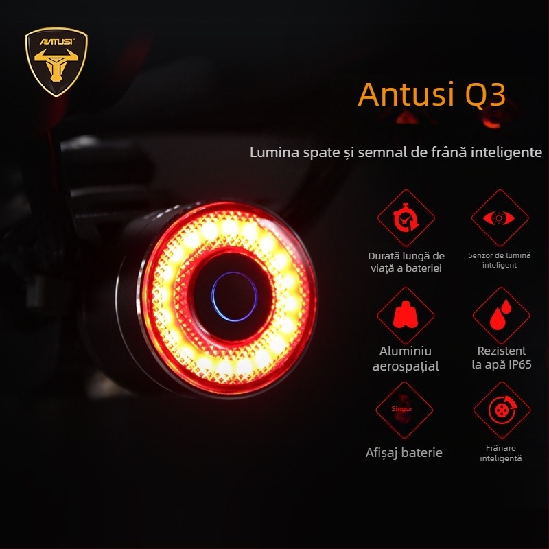 ANTUSI Q3 Lumină de spate inteligentă pentru biciclete de drum – reîncărcabilă, avertizare la frânare