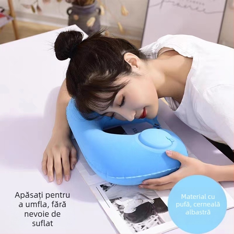 Pernă gonflabilă în formă de U pentru gât, pentru călătorii, PVC, grosime 18, umflare prin apăsare, brand Shunchuang