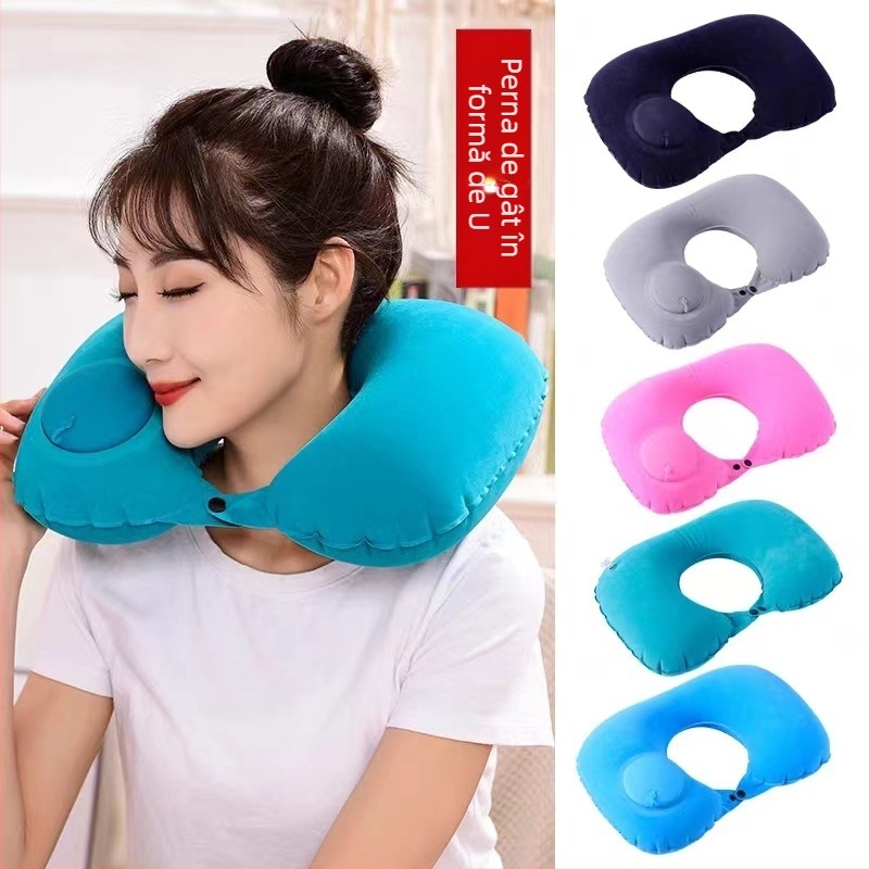 Pernă gonflabilă în formă de U pentru gât, pentru călătorii, PVC, grosime 18, umflare prin apăsare, brand Shunchuang