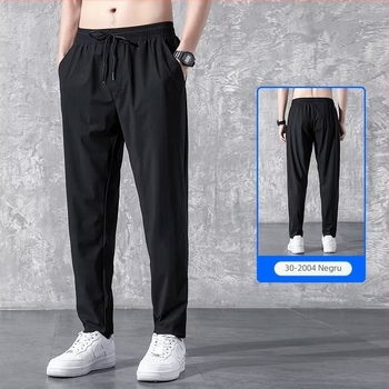 Pantaloni sport casual pentru bărbați - croială lejeră, lungi, talie cu șnur, amestec poliester-bumbac, fără cute