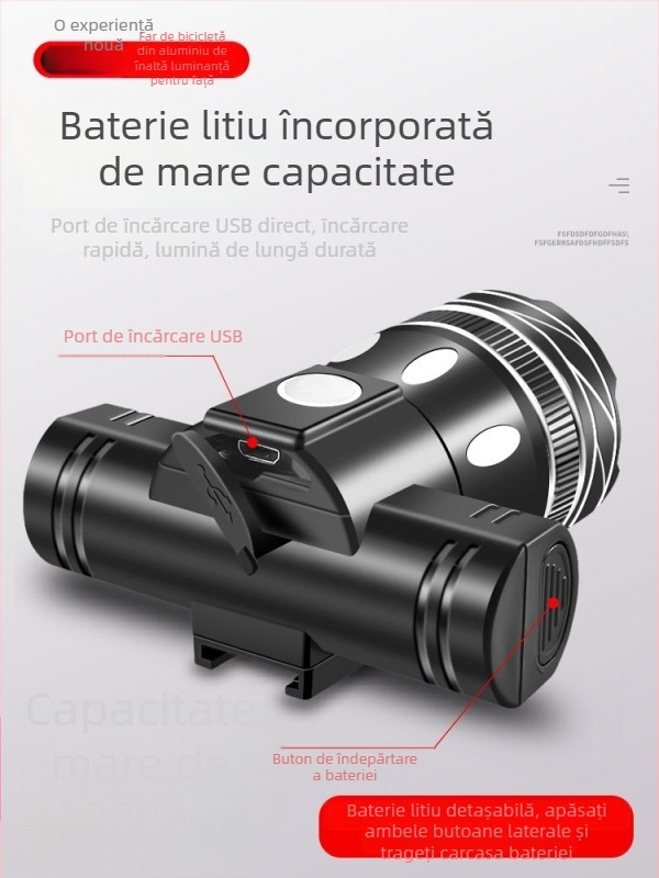 Far frontal de bicicletă cu LED T6, luminozitate înaltă, încărcabil, lampă de avertizare pentru plimbări nocturne, pentru biciclete de munte