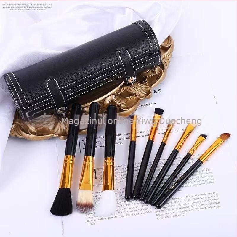 Set pensule de machiaj: pensule pentru blush, fard de ochi, eyeliner și corector, plus suport pentru pensule