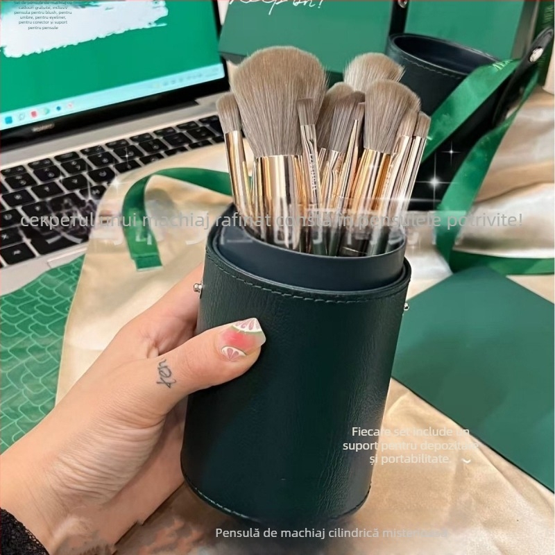 Set pensule de machiaj: pensule pentru blush, fard de ochi, eyeliner și corector, plus suport pentru pensule