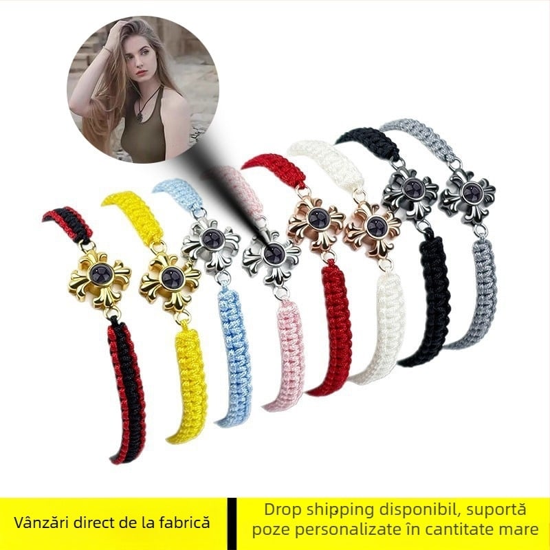 Brățară împletită cu cruce și piatră de proiecție, unisex, șnur electroplacat, iarna 2025, New Zhongyue Jewelry