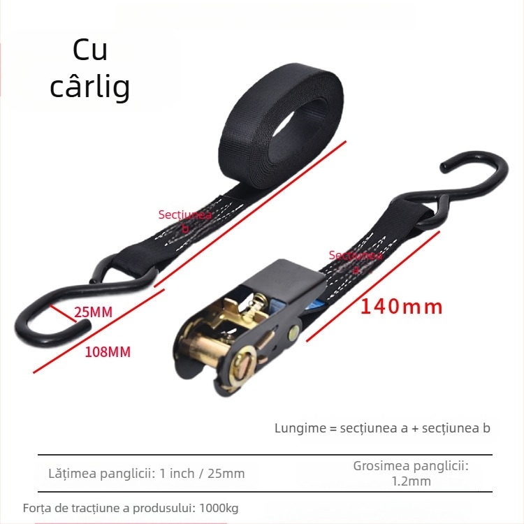 Curea de prindere pentru mărfuri, cu tensionator tip șa, poliester, rezistență 1000 kg