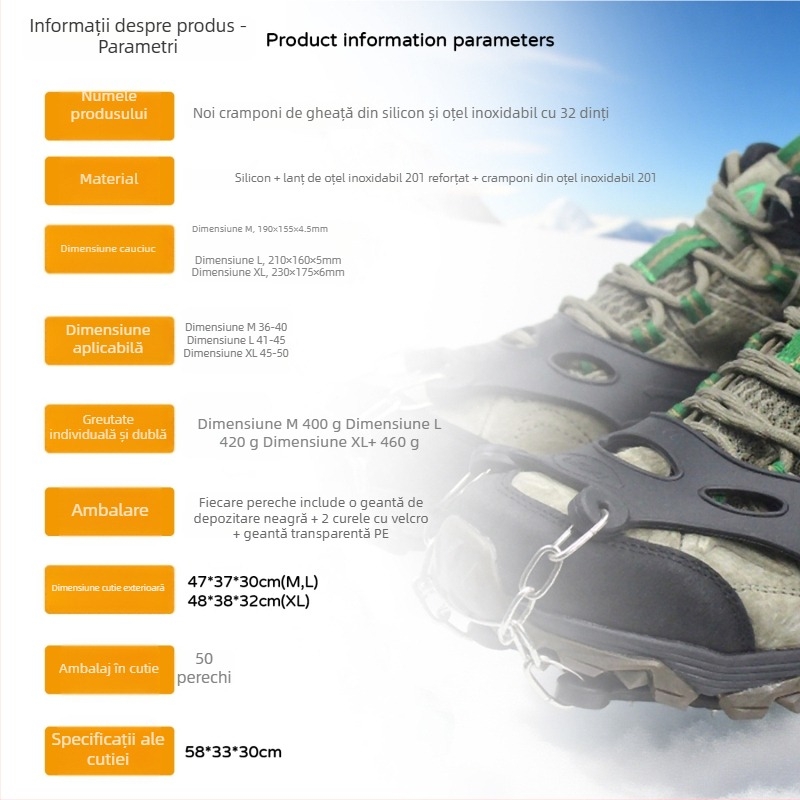 Cramponi din oțel inoxidabil cu 32 dinți pentru zăpadă și gheață – huse antiderapante pentru pantofi