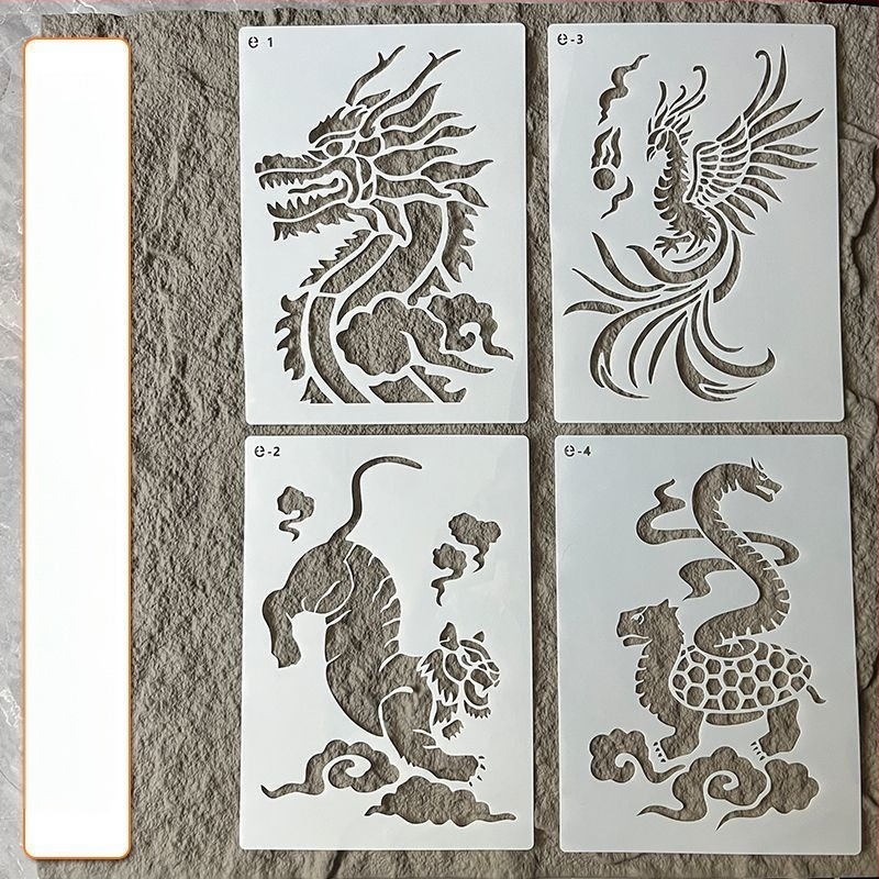 Kit DIY de Pictură cu Folie, Șablon Decupat – Vermilion Bird, Xuanwu, Azure Dragon și White Tiger; Material: Plastic; Brand: Other; Nu este importat; IP autorizat: Nu
