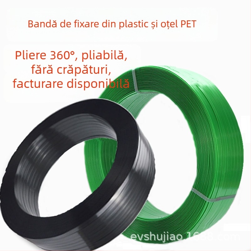 Bandă de ambalare din plastic-otel 1608/1910, grosime 0,6–1 mm, rezistență la tracțiune 350–380 kg, greutate 10–20 kg