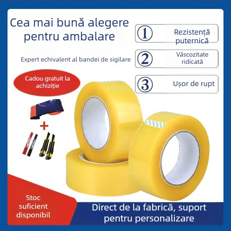 Bandă de ambalare pe bază BOPP; vâscozitate mare; rupere necesită unealtă; sistem de adeziv: Packing Tape Express Tape; rezistență la temperatură: scurtă până la 80°C, lungă până la 40°C