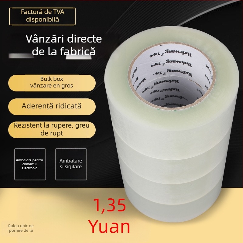 Bandă de ambalare transparentă – film BOPP, lățime 35–60 mm, lungime 100 m, grosime 52 μm, adeziv cu presiune