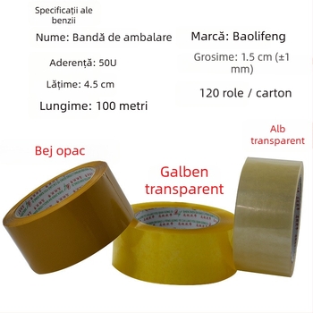 Baolifeng bandă de ambalaj, transparentă, bază BOPP, membrană de 28 μm, adeziv sensibil la presiune, viscozitate 50U, rezistență la temperatură normală