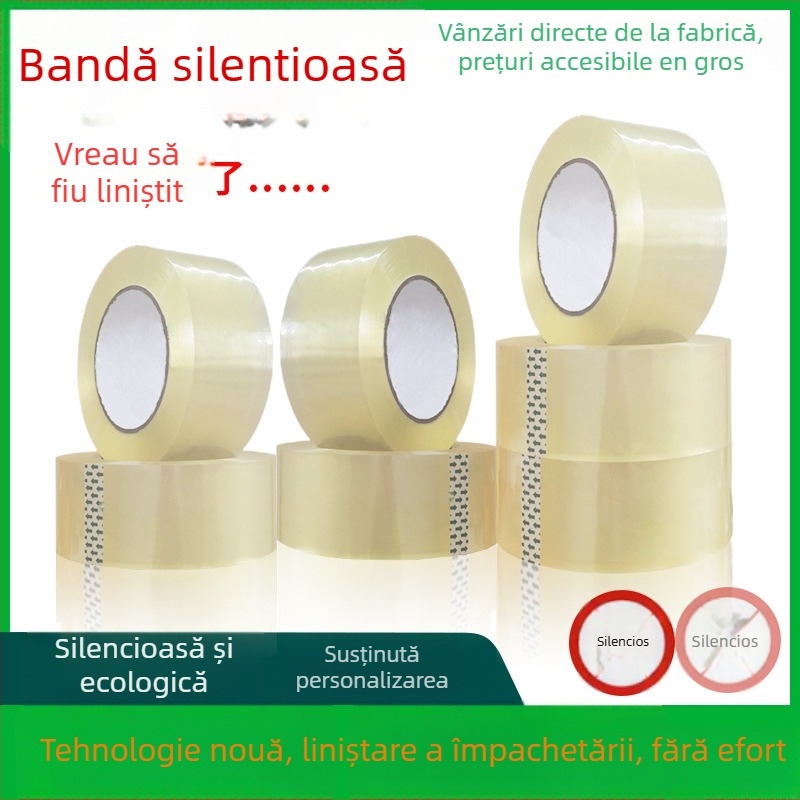 Bandă de ambalare, silențioasă, cu folie BOPP, adeziv pe bază de apă, vâscozitate înaltă, grosime 0,05 mm, potrivită pentru ambalare în depozite și logistică de comerț electronic