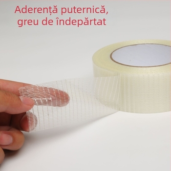 Bandă din fibră de sticlă cu plasă unidirecțională pentru fixarea matrițelor și a echipamentelor electrice; bază PET+ fibră de sticlă; adeziv transparent; lățime 10–60 mm; lungime 50 m; interval temperatură -20…40 °C.