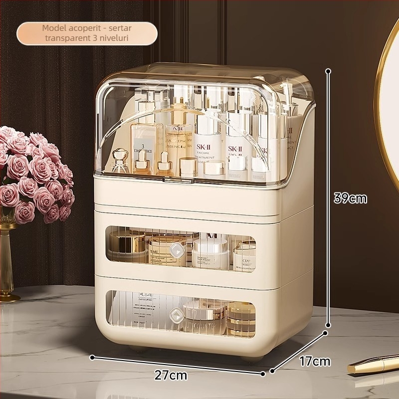 Organizator cosmetic cu sertar pentru rujuri și produse de îngrijire, din plastic, capacitate mare, protecție împotriva prafului