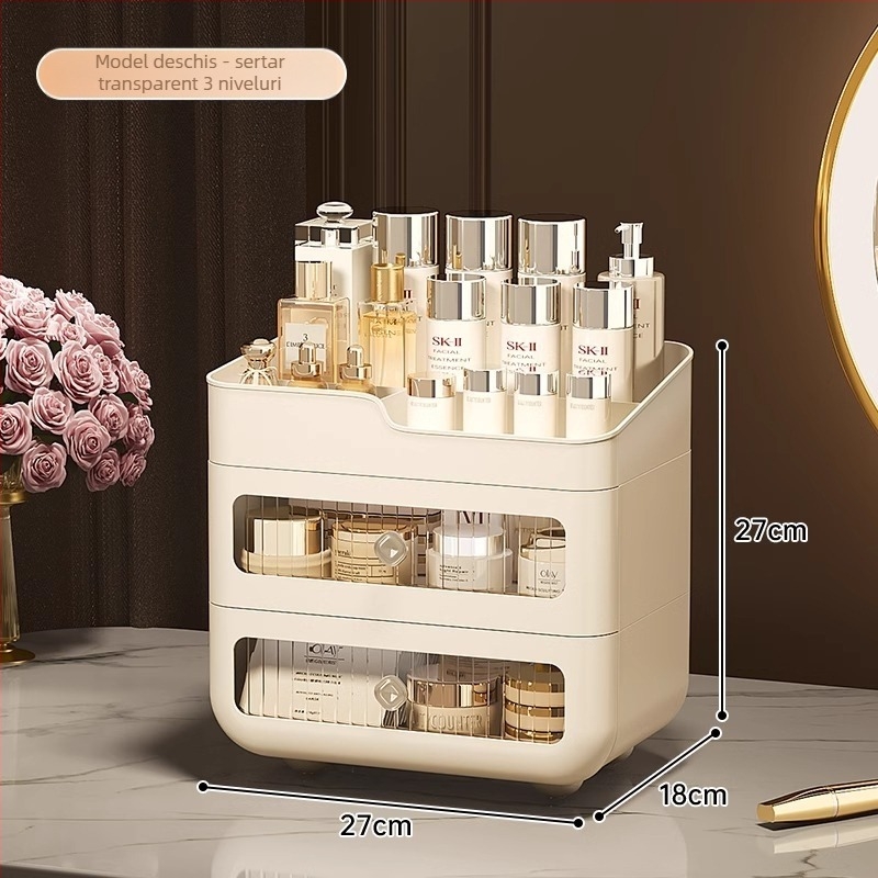 Organizator cosmetic cu sertar pentru rujuri și produse de îngrijire, din plastic, capacitate mare, protecție împotriva prafului