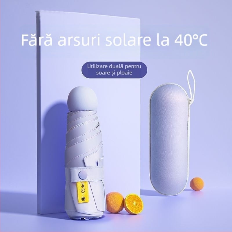 Umbrelă capsule de buzunar cu cinci segmente - deschidere manuală, cadru din fier cu 8 brațe, țesătură 190T, mâner din plastic, UPF >50