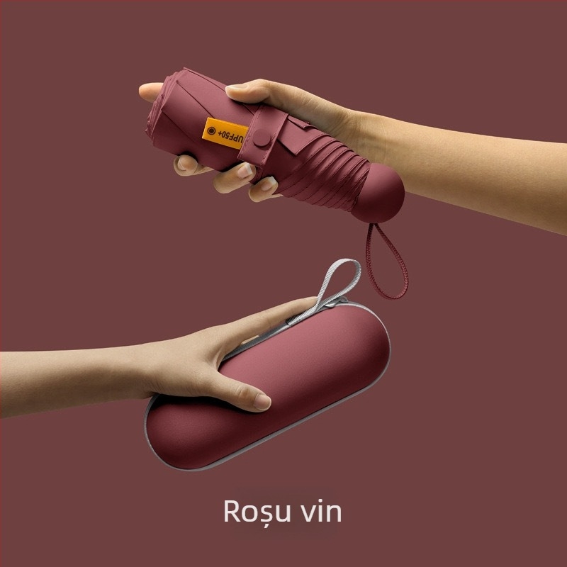 Umbrelă capsule de buzunar cu cinci segmente - deschidere manuală, cadru din fier cu 8 brațe, țesătură 190T, mâner din plastic, UPF >50