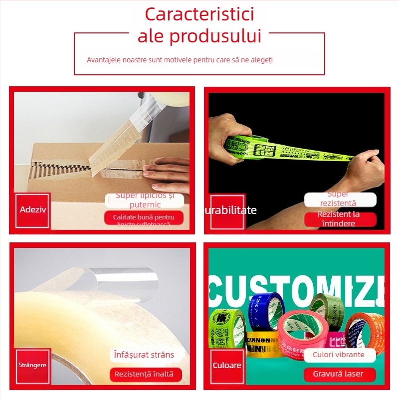 Bandă de ambalare cu film BOPP de 52 μm, adeziv sensibil la presiune, pentru ambalare logistică și comerț electronic, -30°C până la 120°C.