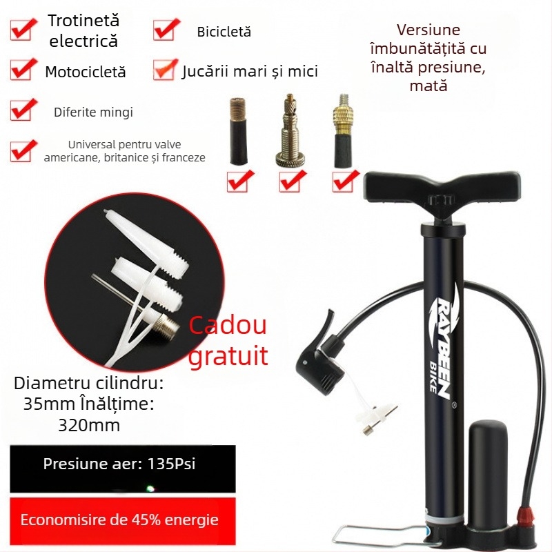 Pompa manuală pentru bicicletă - Portabilă, 0,6 kg, lungime 32–58 cm, 120–160 psi, compatibilă cu valve Presta/Schrader/Dunlop