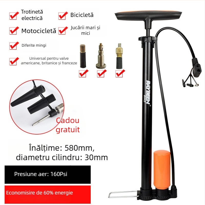 Pompa manuală pentru bicicletă - Portabilă, 0,6 kg, lungime 32–58 cm, 120–160 psi, compatibilă cu valve Presta/Schrader/Dunlop
