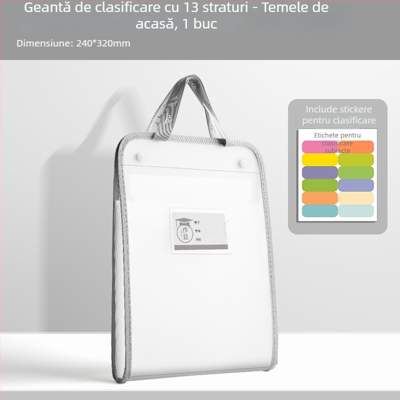 Organizator A4 pentru coli de examen – dosar din plastic, transparent, 13 compartimente (Model: A4, Fără logo)