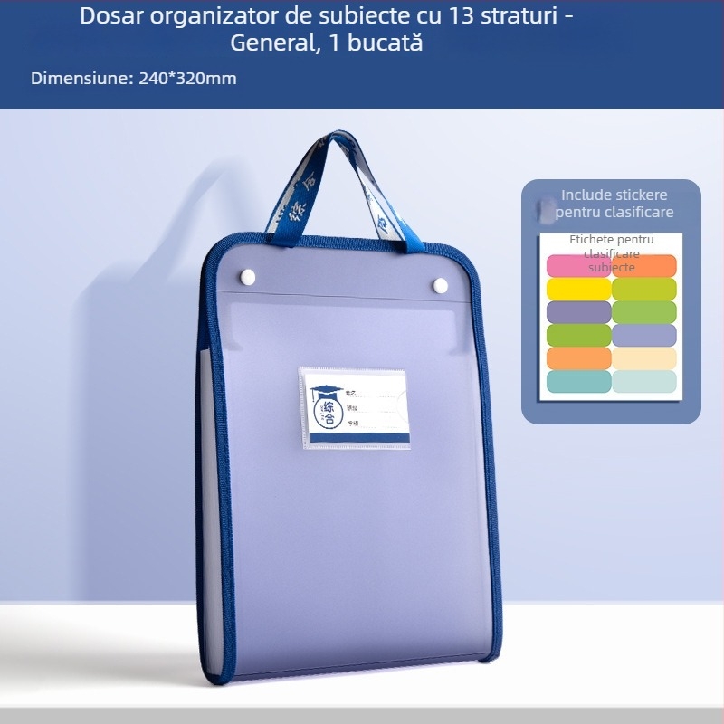 Organizator A4 pentru coli de examen – dosar din plastic, transparent, 13 compartimente (Model: A4, Fără logo)