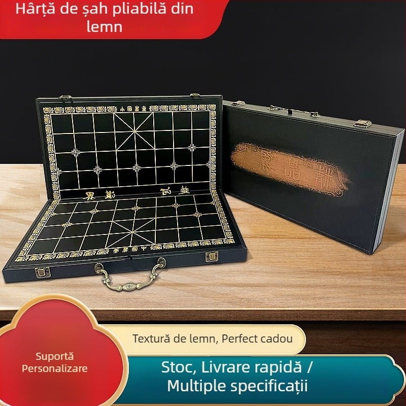 Cutie de șah din lemn pliabil cu tablă, din pal, ștampilă argintie, compartimente din lemn, model 001, cutie cadou