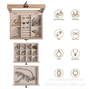 Cutie de bijuterii din lemn cu trei niveluri, capac transparent, pentru depozitare de brățări, broșe și ceasuri