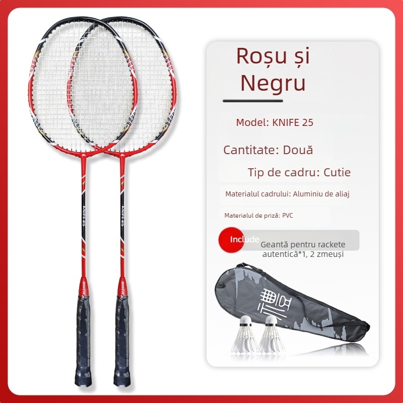 Set cu două rachete de badminton Selphy/Xuanfei, cadru din aliaj de aluminiu, șnururi din nylon, greutate 95–100 g, rigiditate a tijelor: medie