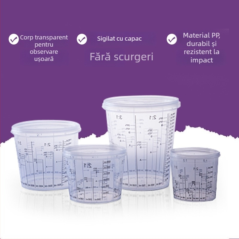 Cupă de amestecat vopsea din plastic transparentă cu capac, 385 ml, cu gradări multiple pentru vopselele auto
