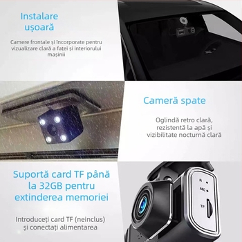 C309 Cameră auto cu trei lentile, Wi-Fi și conectivitate pentru telefon, 1080p, unghi de 120°, înregistrare în buclă față, interior și spate, 16GB memorie