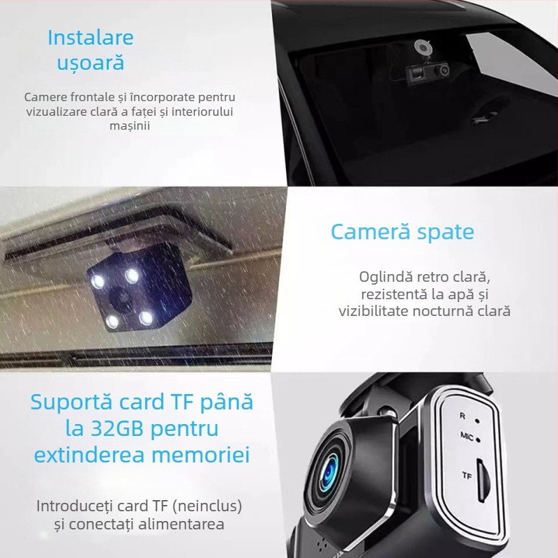 C309 Cameră auto cu trei lentile, Wi-Fi și conectivitate pentru telefon, 1080p, unghi de 120°, înregistrare în buclă față, interior și spate, 16GB memorie