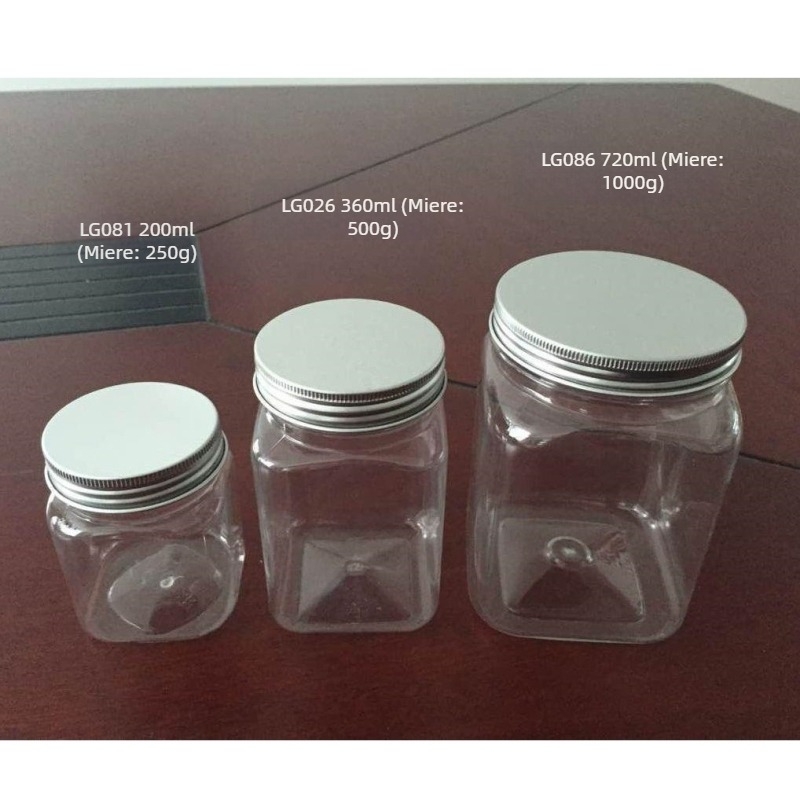 Sticlă de miere LG081, recipient pătrat din PET transparent, cu capac din aluminiu; ambalaj: Can; material: PET; scop: ambalare generală