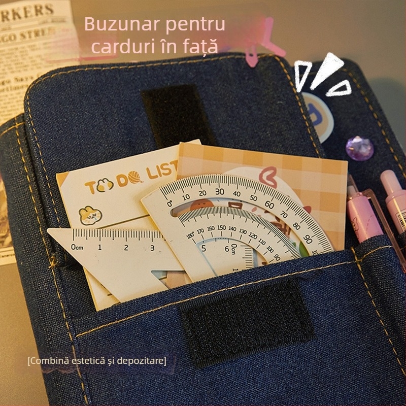 Caiet cu copertă denim, legare cu foi detașabile, husă pentru creioane, hârtie Dowling 100 g/m², stil 23169906718