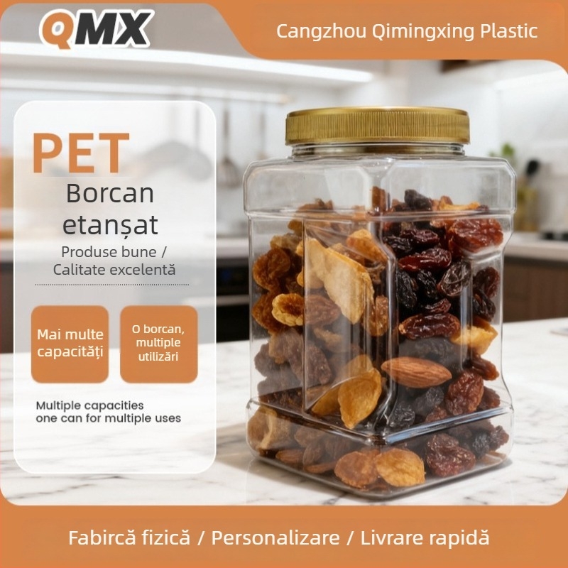 Recipient pătrat PET pentru gustări, biscuiți și nuci | Personalizare cu imprimare a logo-ului