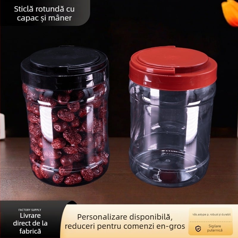 Sticlă PET cu gură lată, plastic alimentar, recipient pentru nuci, curmale uscate și cereale de bucătărie, cu capac cu mâner