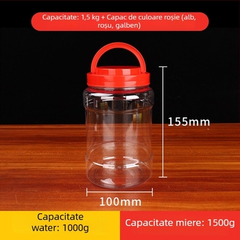 Sticlă PET pentru depozitare cu gură largă, capacitate 1,5 kg, capac sigilat, material plastic